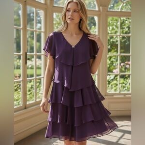 SLNY Purple Tiered Flutter-Sleeve Midi Dress with Rhinestone Detail
